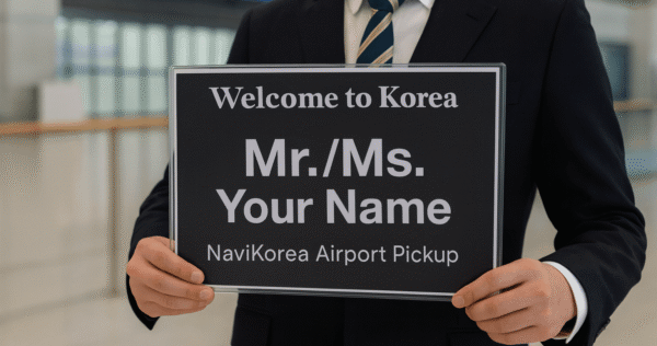 NaviKorea driver holding a welcome sign at Incheon Airport for pickup service